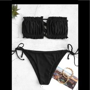 Ruffle tie low waisted Bandeau black bikini.